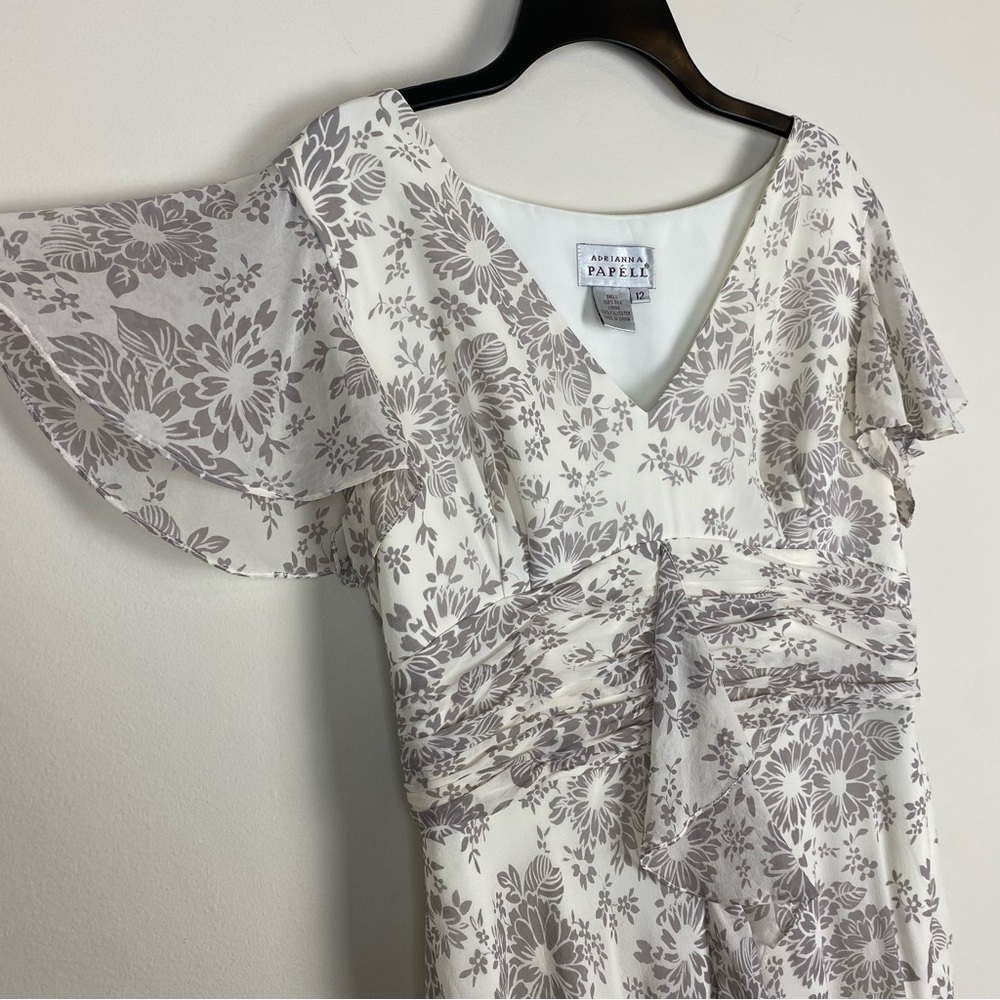 Adrianna Papell Floral Cream and Dusty Purple Silk Ruffle Midi Dress, Size 12